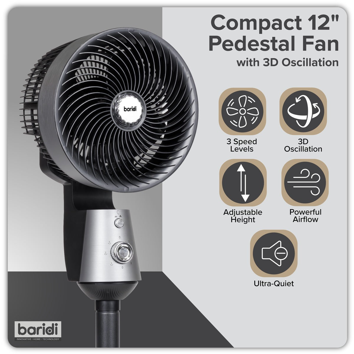 Baridi 10" Pedestal Fan with Manual Control 230V - Grey DH142