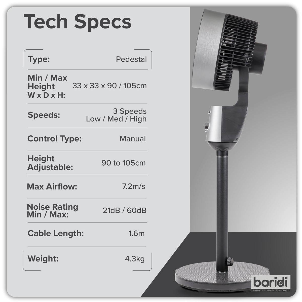 Baridi 10" Pedestal Fan with Manual Control 230V - Grey DH142