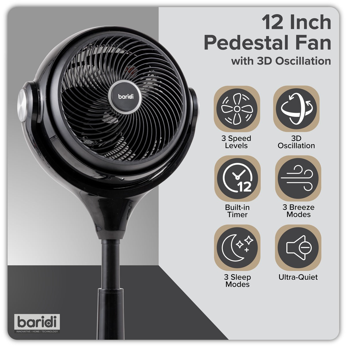 Baridi 10" Pedestal Fan with Remote Control & 12hr Timer 230V - Black DH143