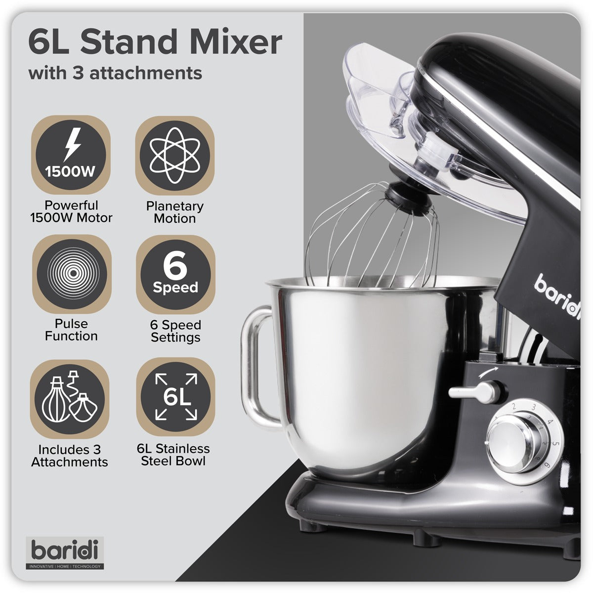 Baridi 1500W Stand Mixer with Accessories 6L - Black DH173