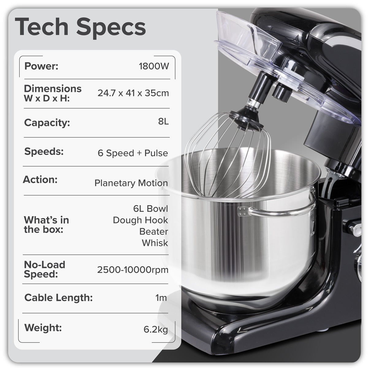 Baridi 1800W Stand Mixer with Accessories 8L - Black DH174