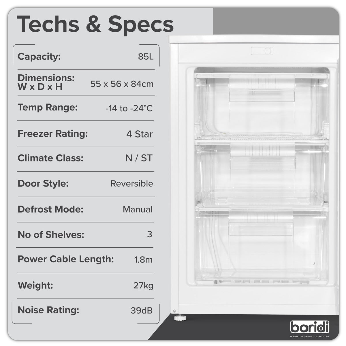 Baridi 55cm Undercounter Freezer with Adjustable Thermostat 85L - White DH250