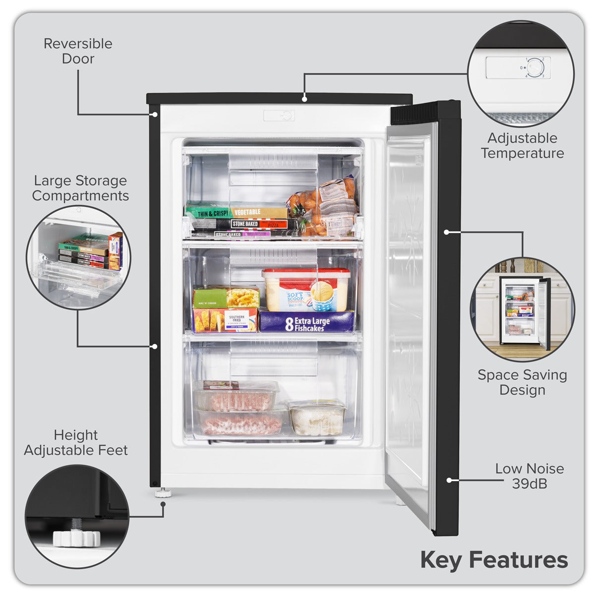 Baridi 55cm Undercounter Freezer with Adjustable Thermostat, 85L - Black DH251