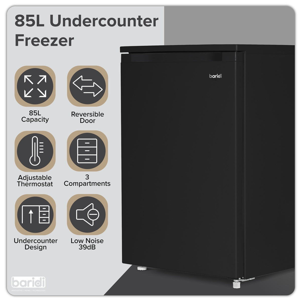 Baridi 55cm Undercounter Freezer with Adjustable Thermostat, 85L - Black DH251