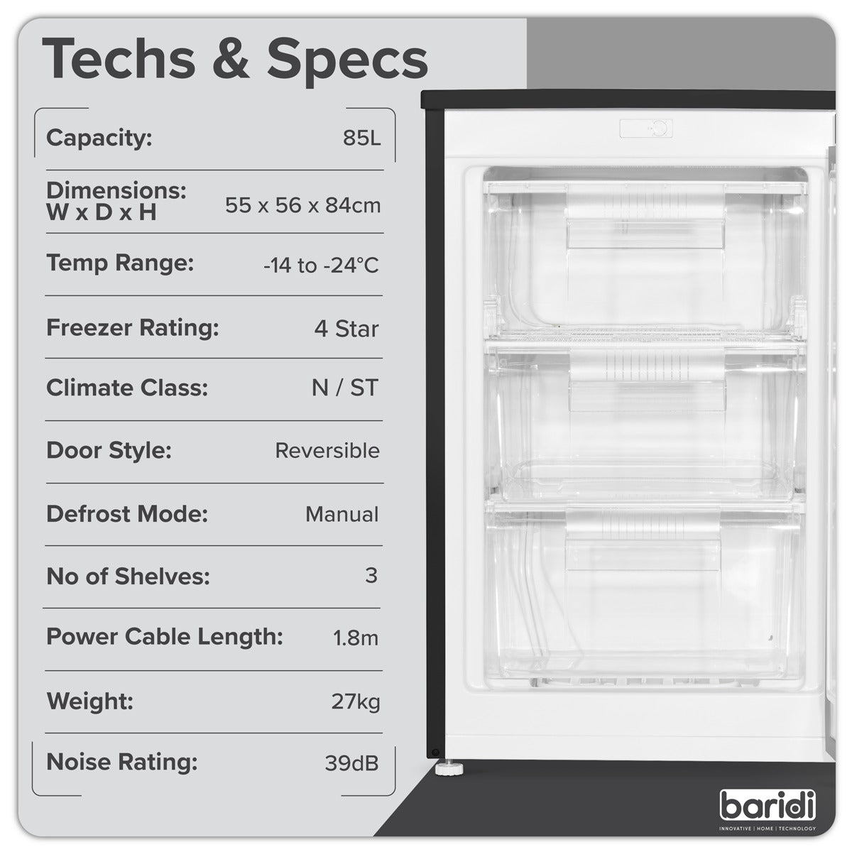 Baridi 55cm Undercounter Freezer with Adjustable Thermostat, 85L - Black DH251