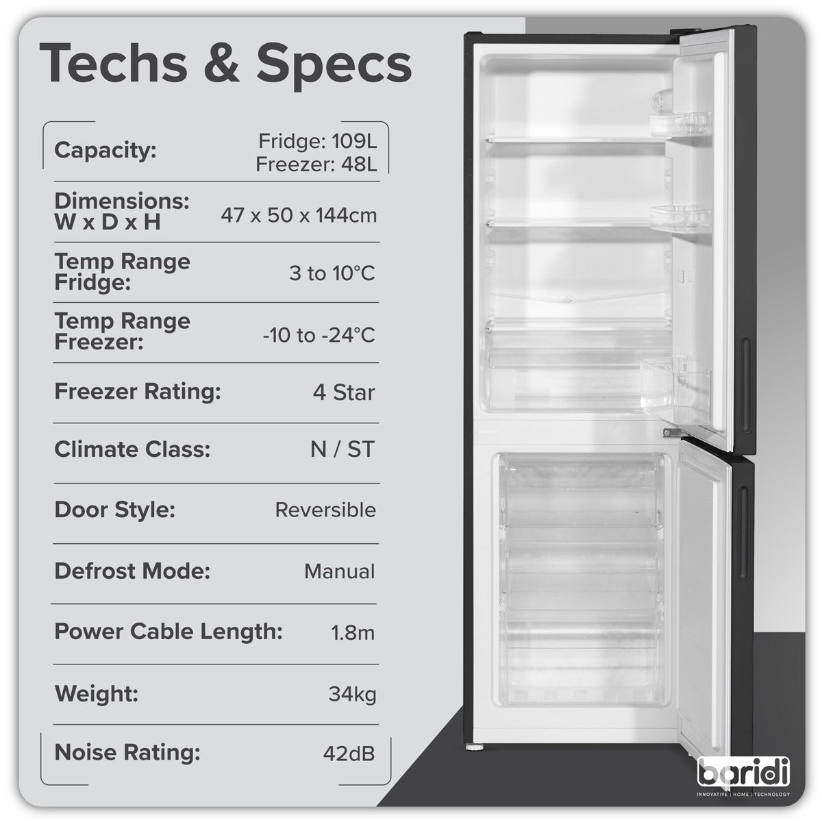 Baridi 47cm 70/30 Fridge Freezer, 157L Capacity Low Frost DH253
