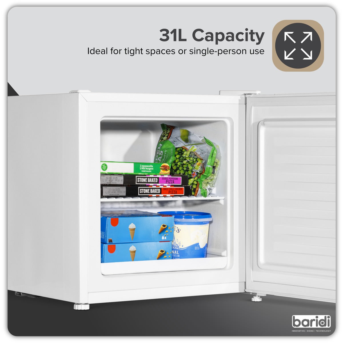 Baridi Mini Tabletop Fridge/Freezer, 31L Capacity - White DH254