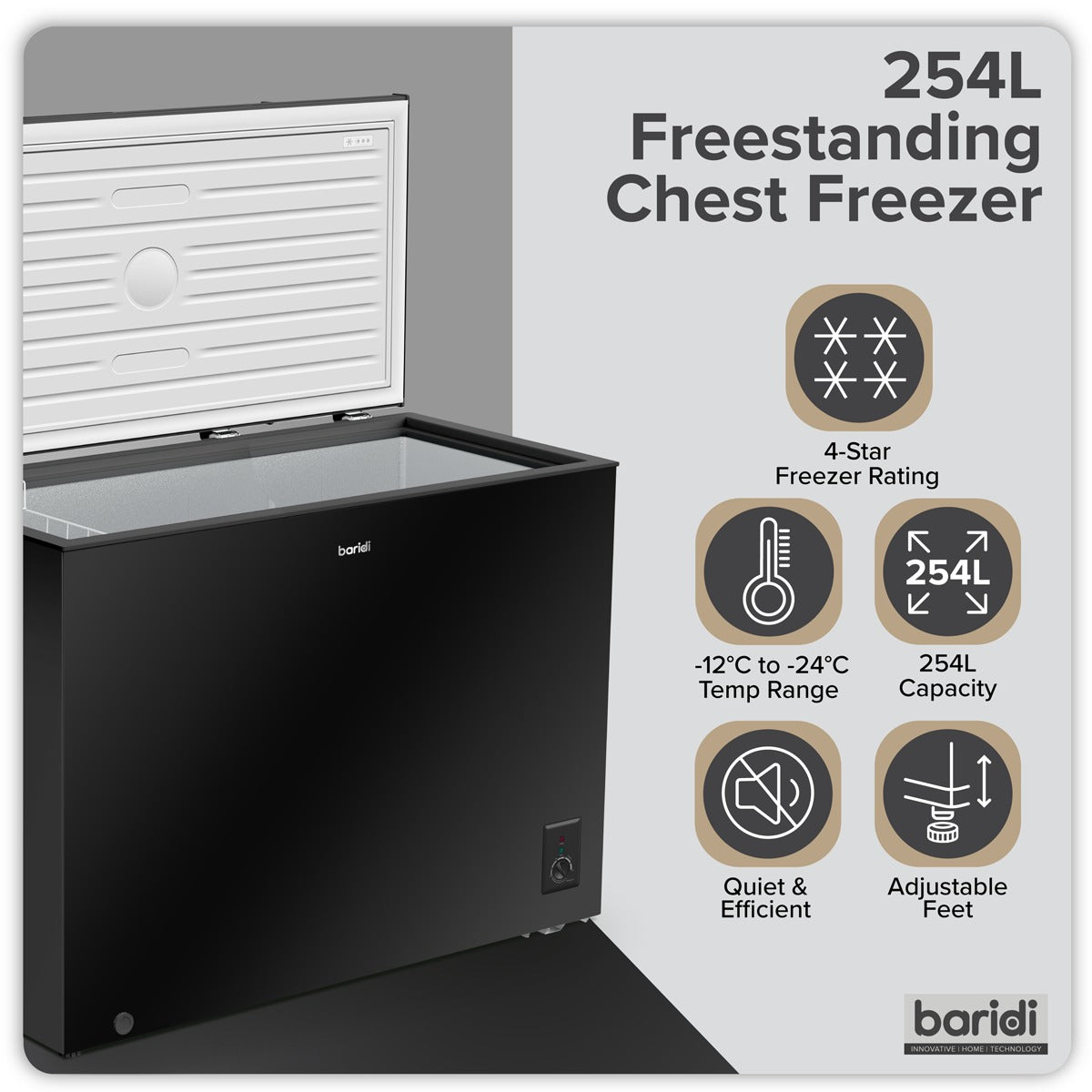 Baridi Freestanding Chest Freezer 254L Capacity - Black DH259