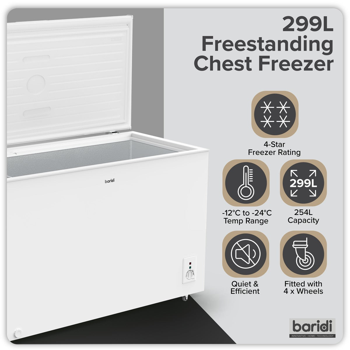 Baridi Freestanding Chest Freezer 299L Capacity - White DH260
