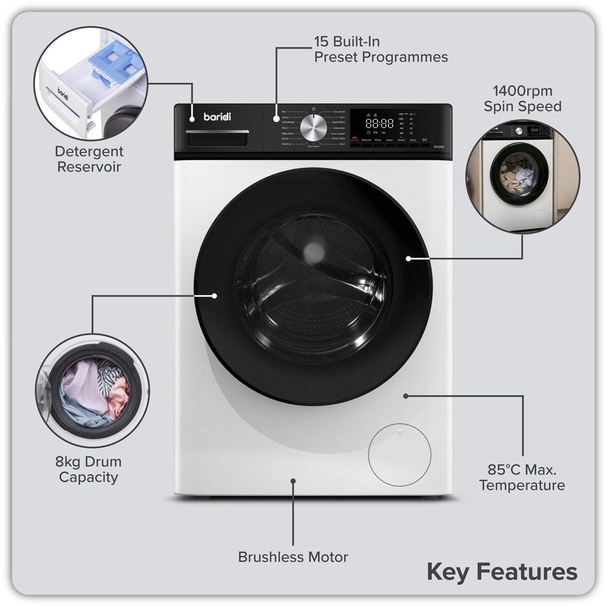 Baridi 8kg Washing Machine, Front Loading, 1400rpm Energy Rating A – White DH262