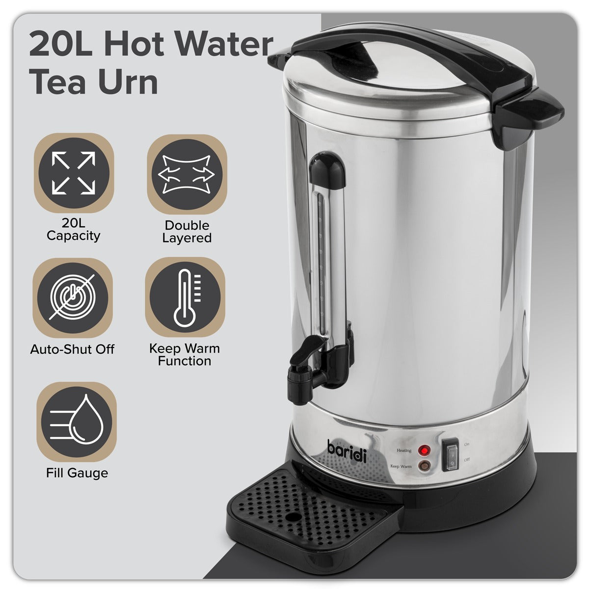 Baridi Hot Water Boiler, Tea Urn, 20L Capacity, Stainless Steel DH270