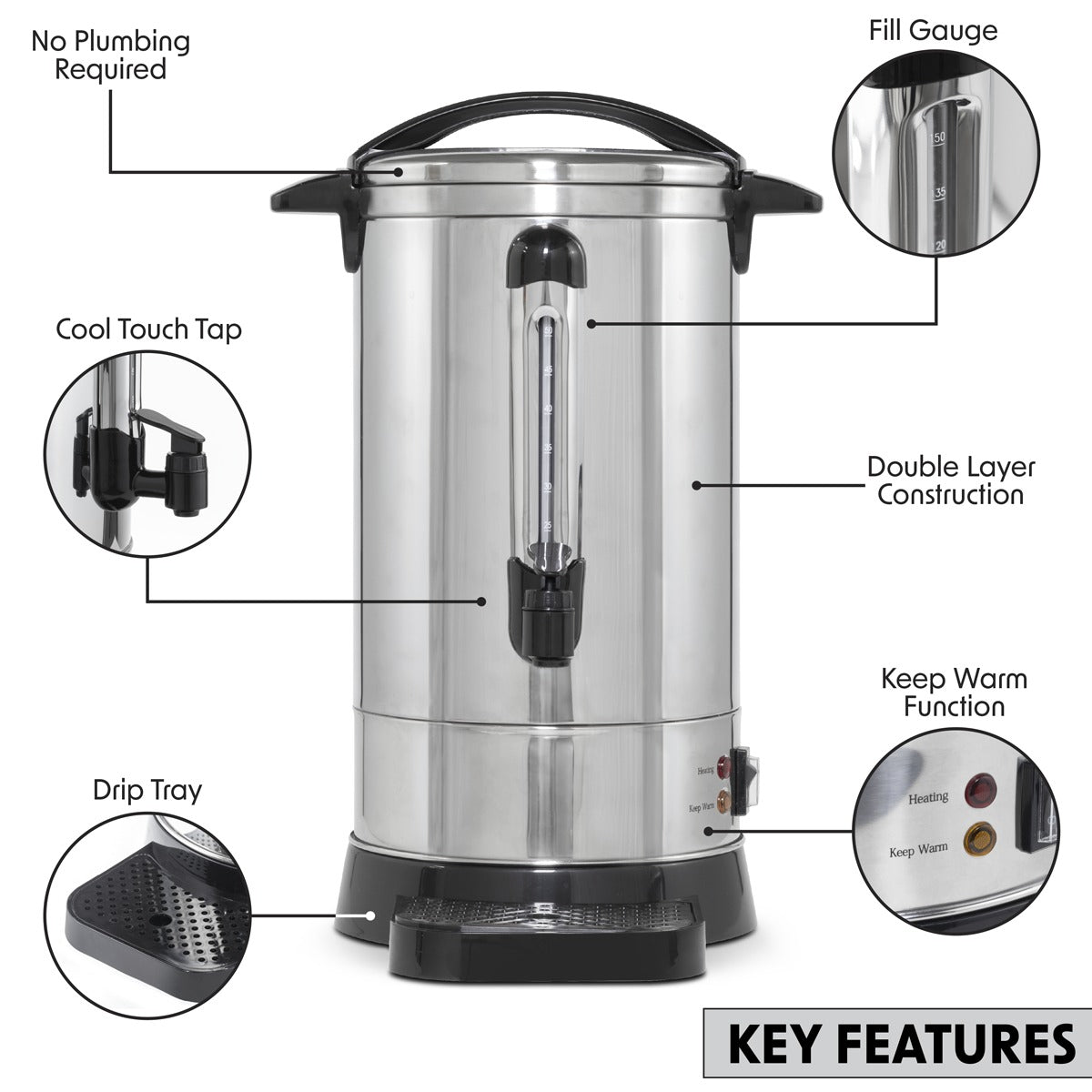 Baridi Hot Water Boiler, Tea Urn, 20L Capacity, Stainless Steel DH270