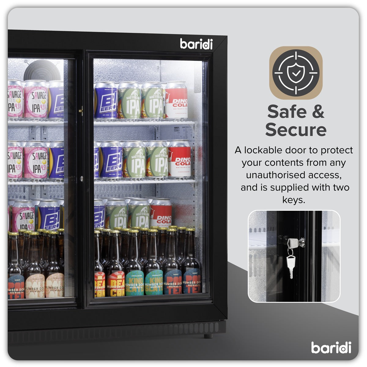 Baridi Back Bar Drinks Fridge/Cooler with Double Sliding Doors, 190L Capacity DH273