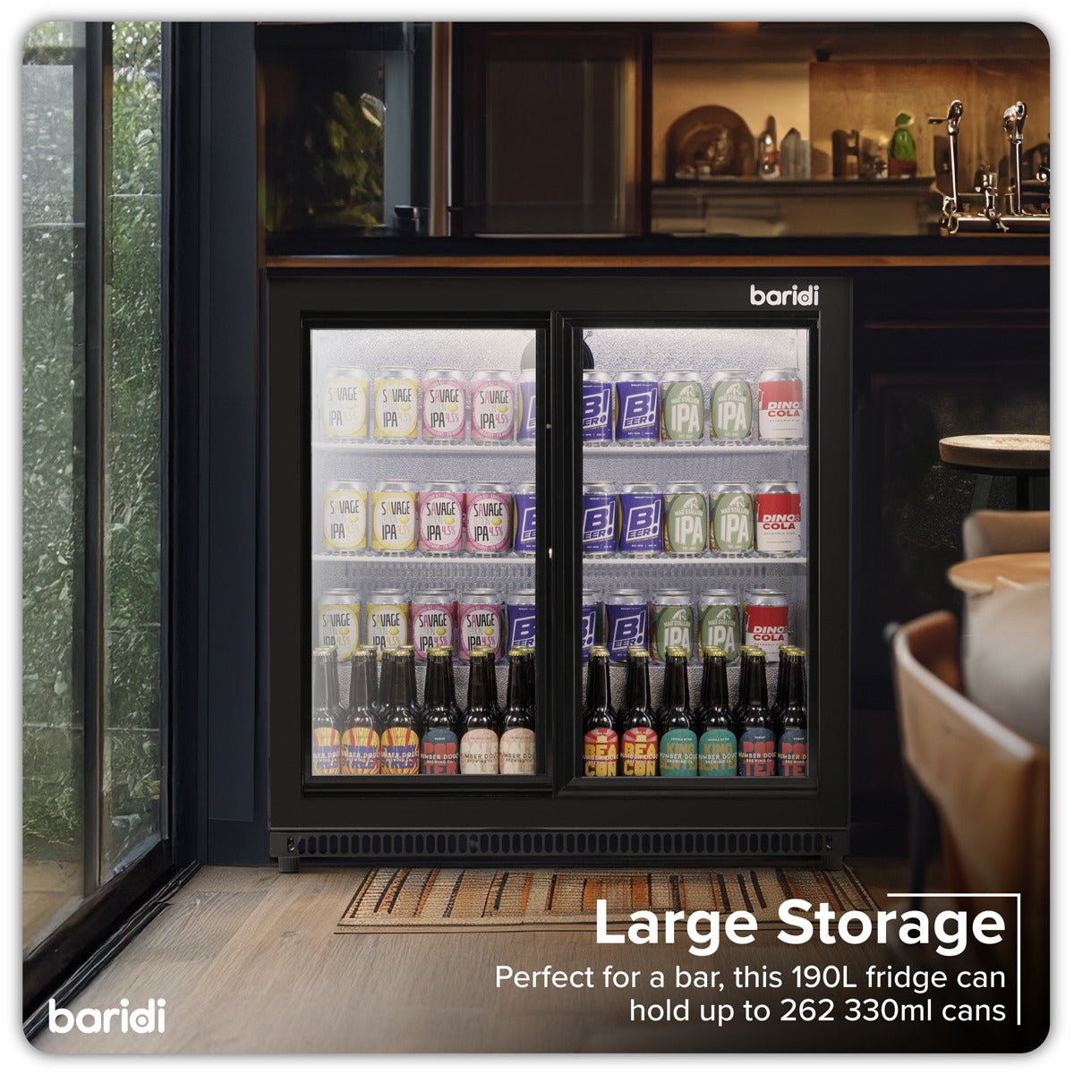 Baridi Back Bar Drinks Fridge/Cooler with Double Sliding Doors, 190L Capacity DH273