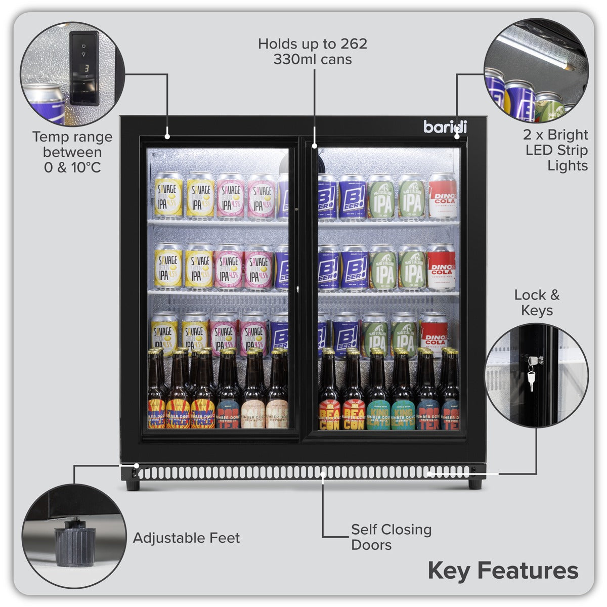 Baridi Back Bar Drinks Fridge/Cooler with Double Sliding Doors, 190L Capacity DH273