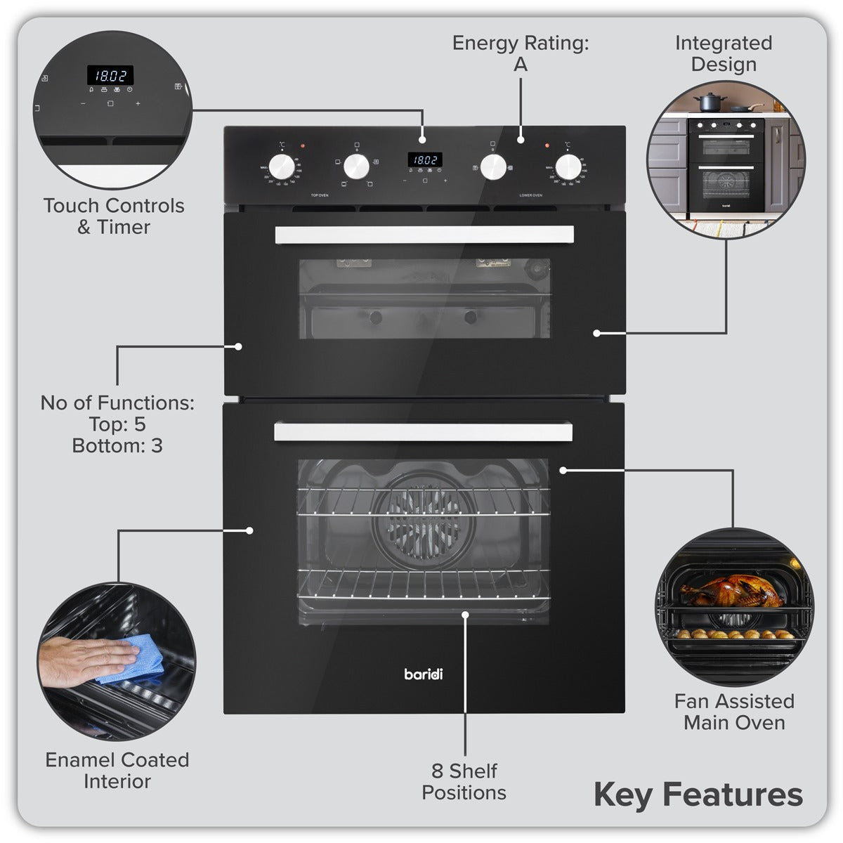 Baridi 72cm Built-Under Double Oven, 74L Capacity, Energy Rating A - Black DH278