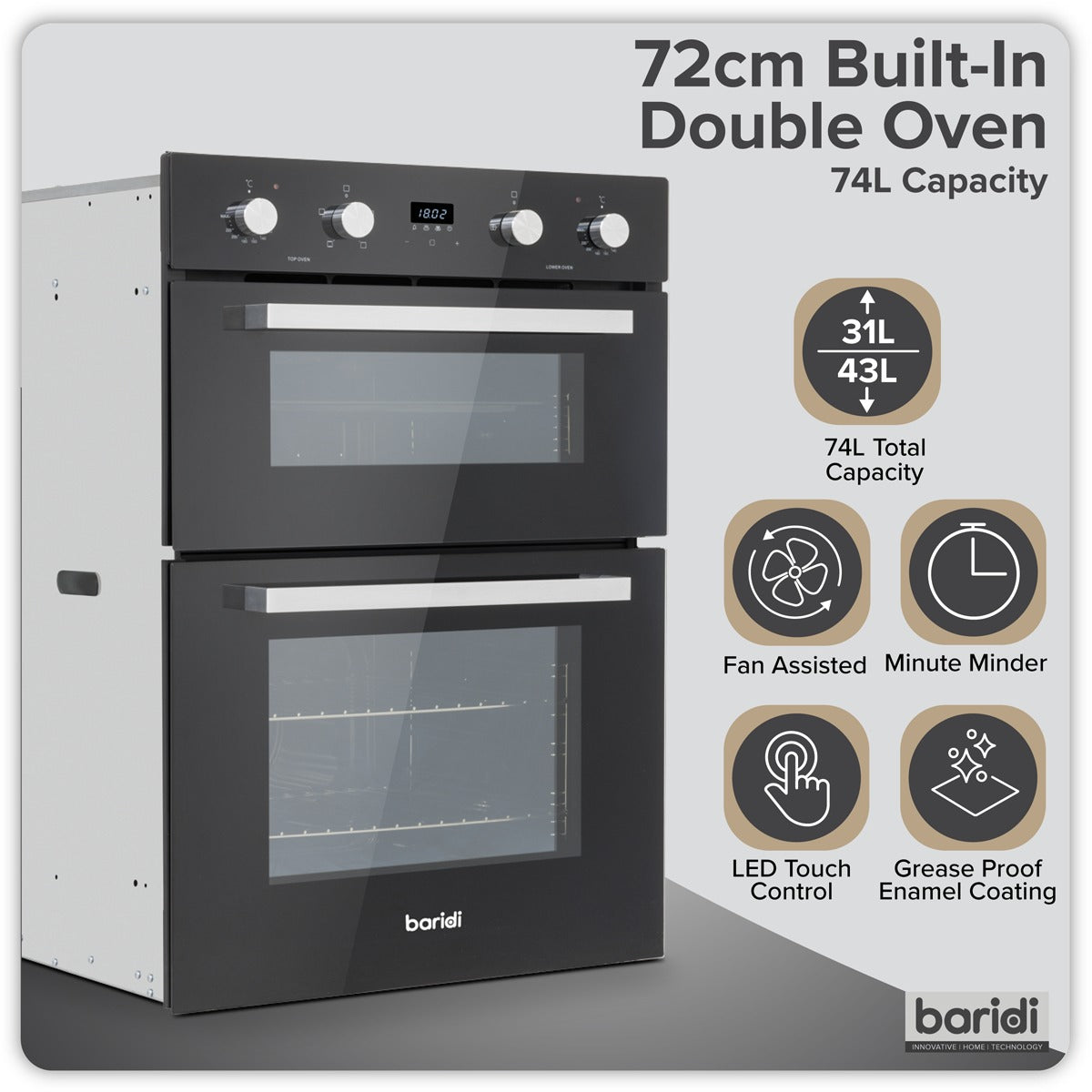Baridi 72cm Built-Under Double Oven, 74L Capacity, Energy Rating A - Black DH278