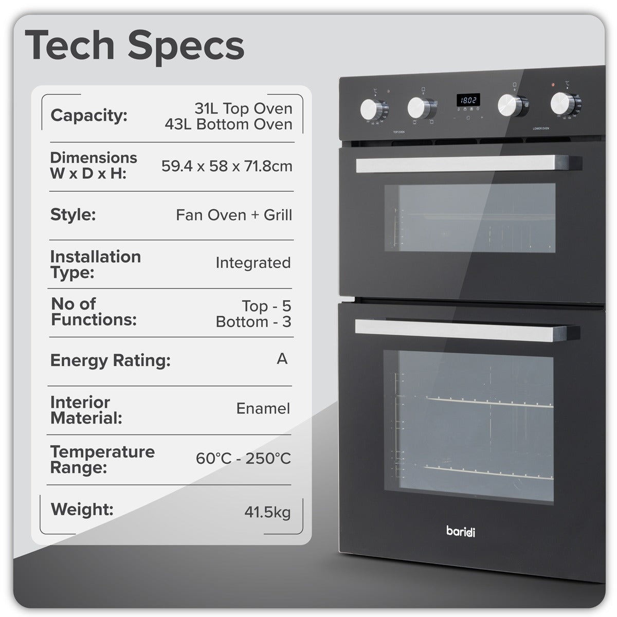 Baridi 72cm Built-Under Double Oven, 74L Capacity, Energy Rating A - Black DH278