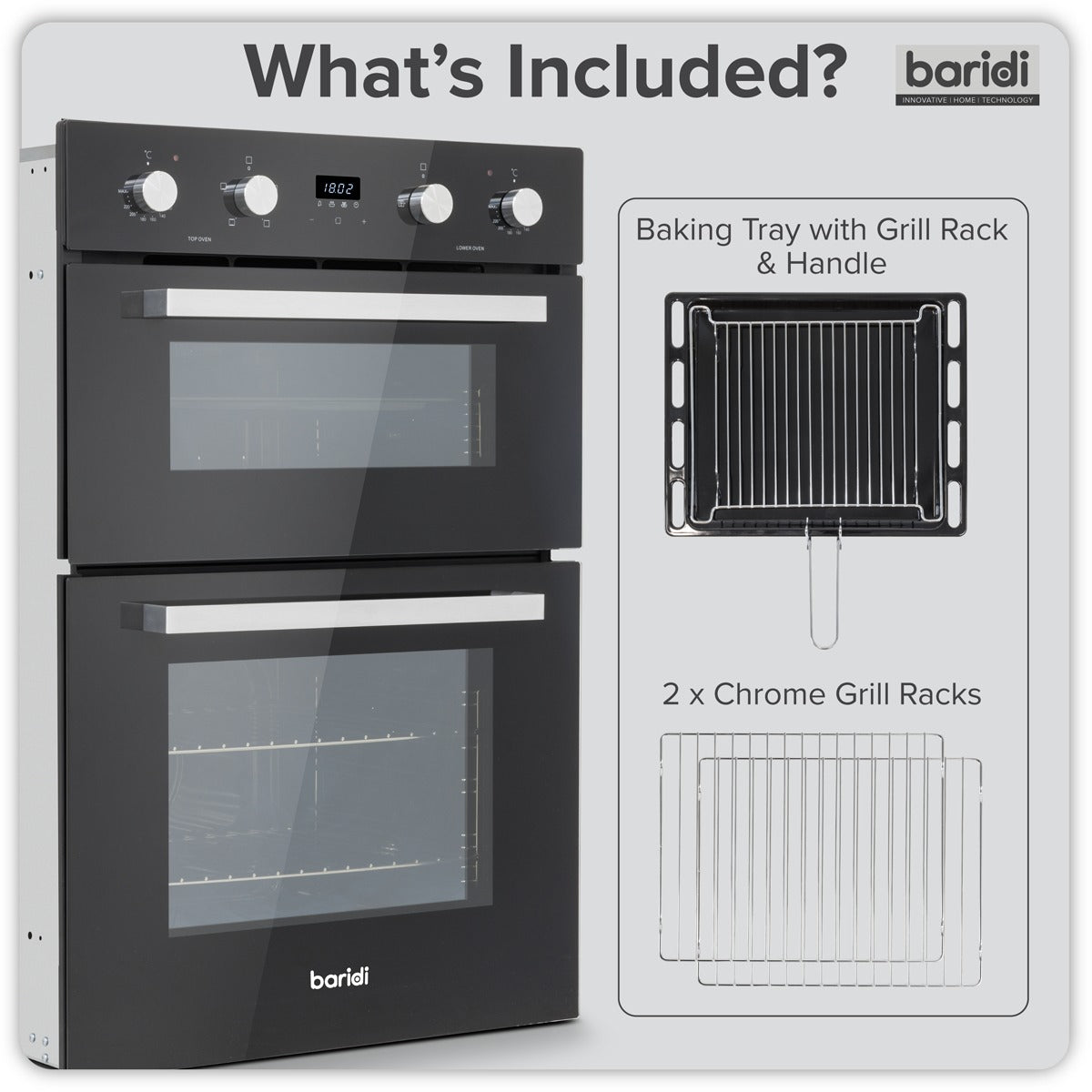 Baridi 90cm Built-In Double Oven, 88L Capacity, Energy Rating A - Black DH279