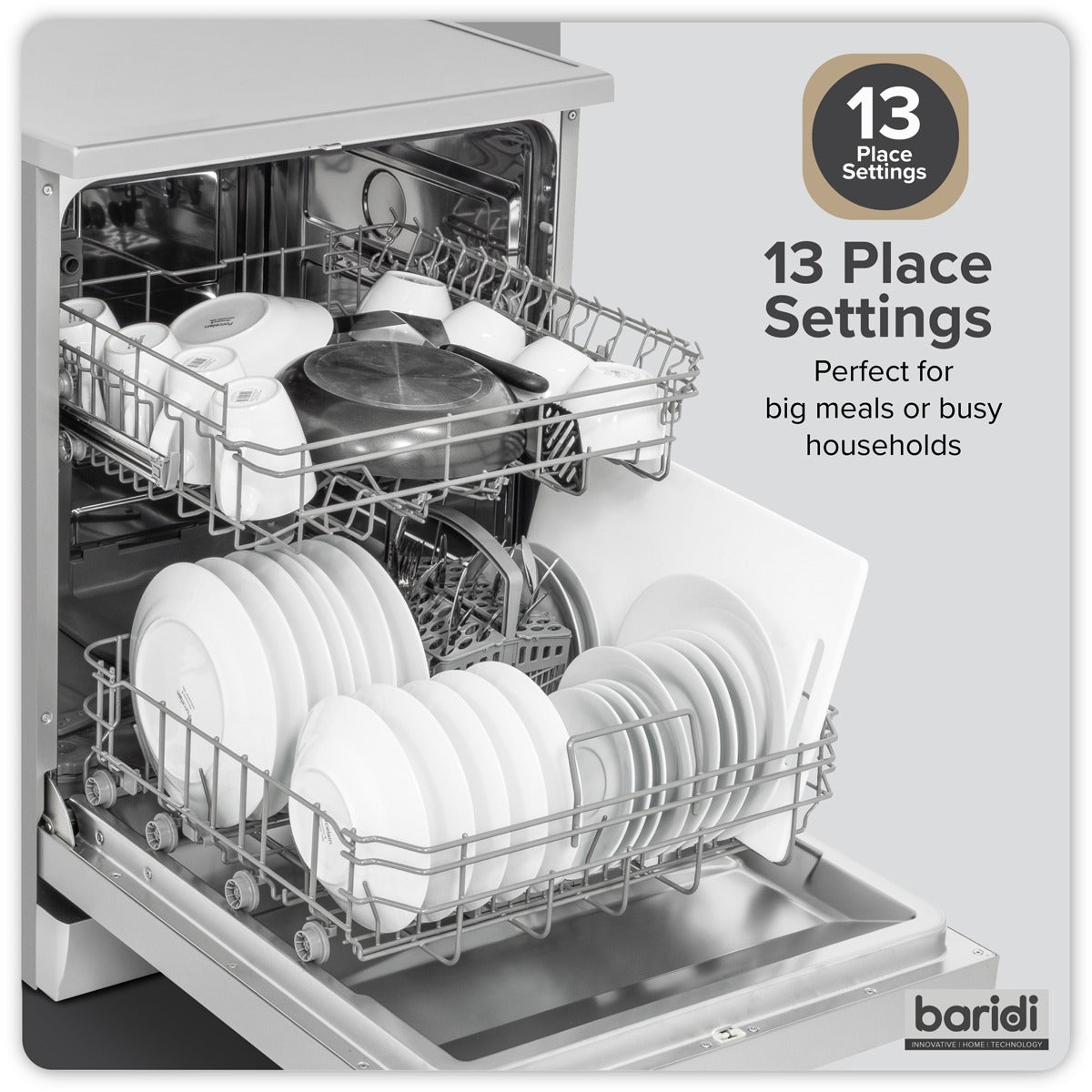 Baridi Regular Sized Freestanding Dishwasher 60cm Wide 13 Place Settings - Silver DH280