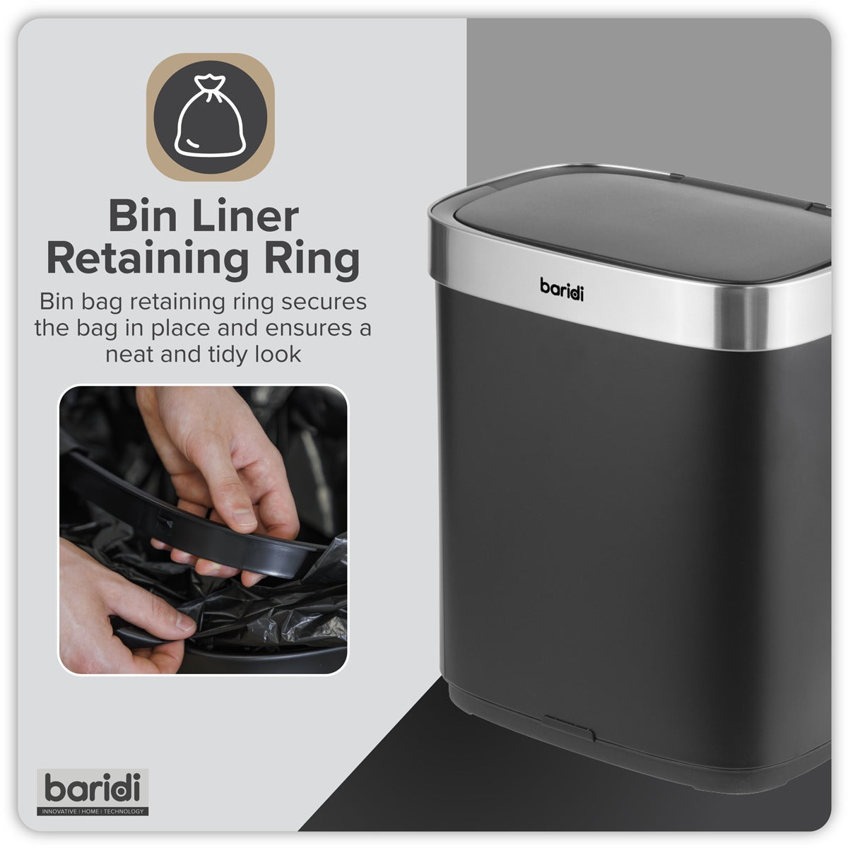 Baridi Sensor Bin 50L - Black/Stainless Steel DH281