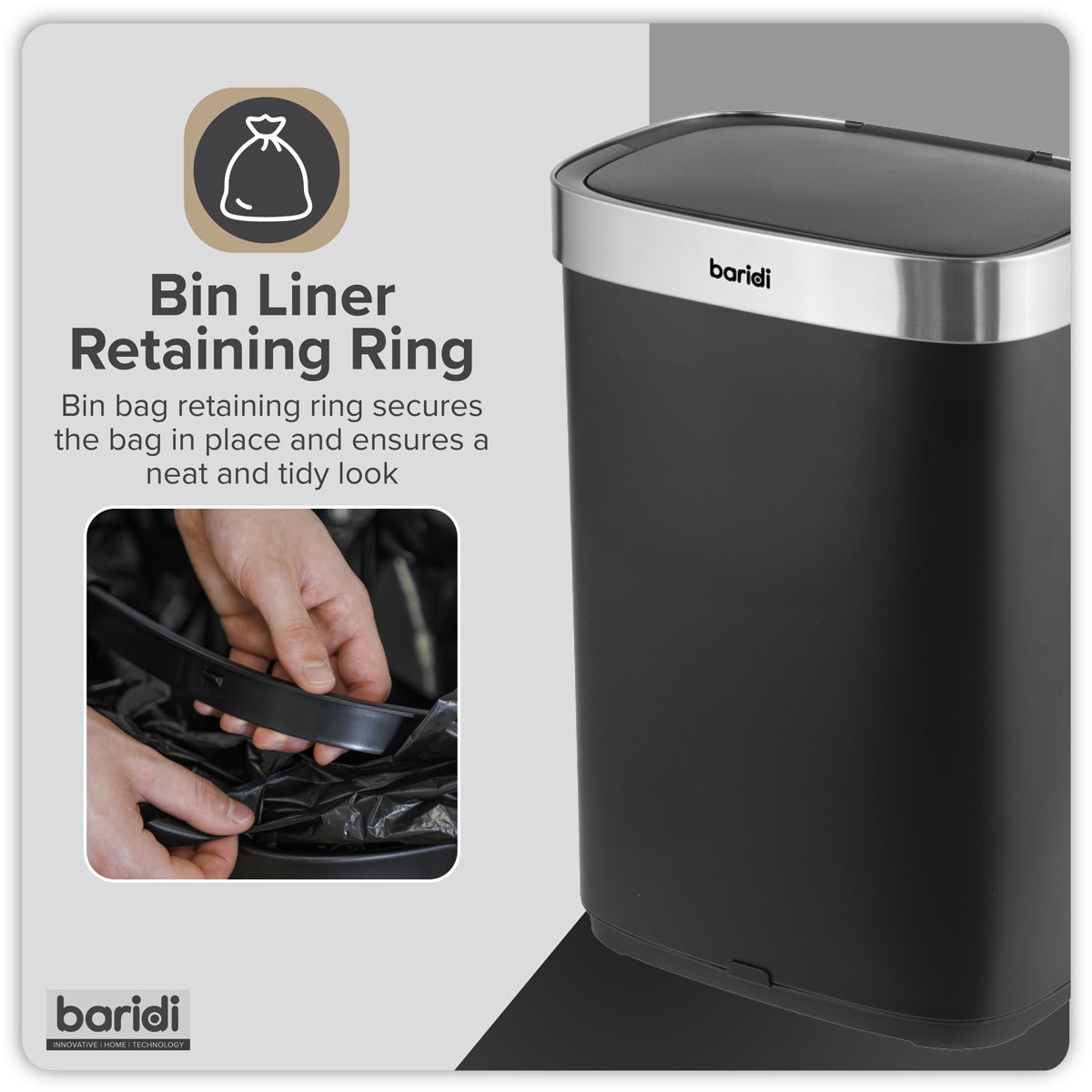 Baridi Sensor Bin 65L - Black/Stainless Steel DH282
