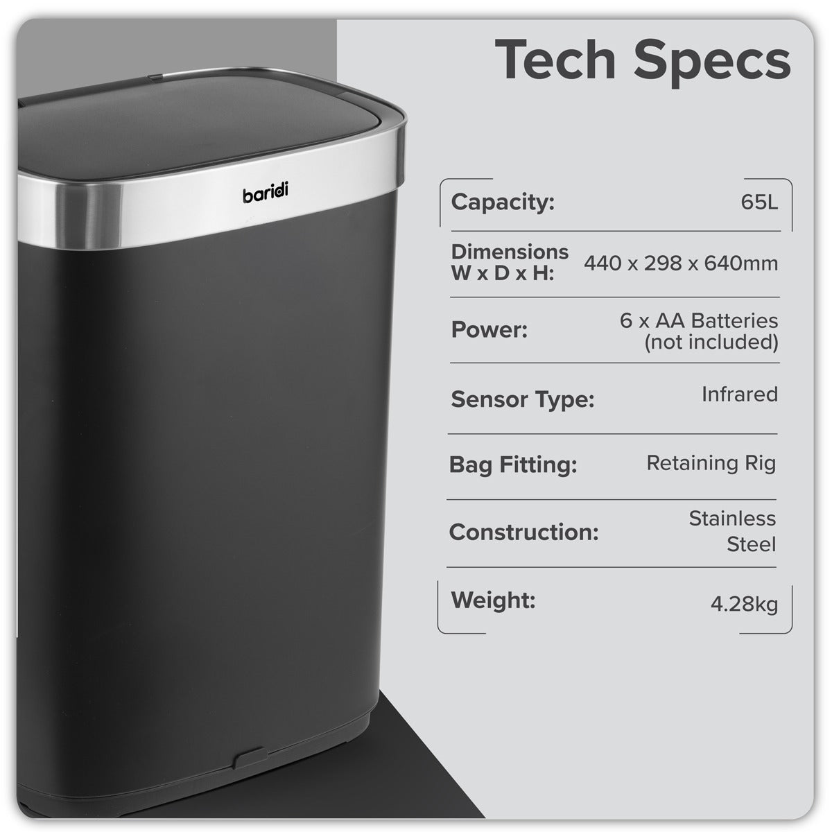 Baridi Sensor Bin 65L - Black/Stainless Steel DH282