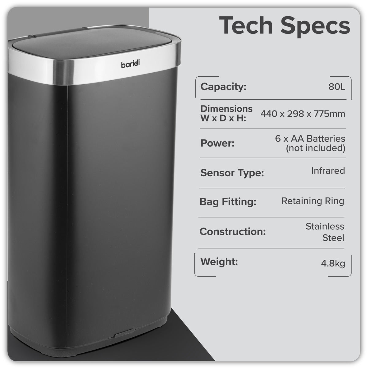 Baridi Sensor Bin 80L - Black/Stainless Steel DH283