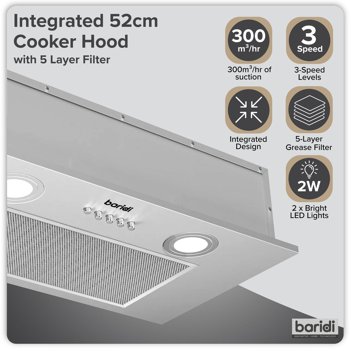 Baridi Cooker Hood with 5-Layer Filter 52cm - Stainless Steel DH284