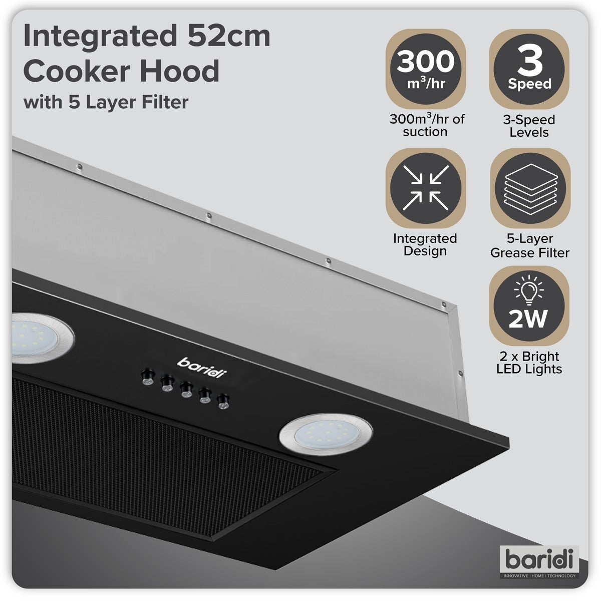 Baridi Cooker Hood with 5 Layer Filter 52cm - Black DH285
