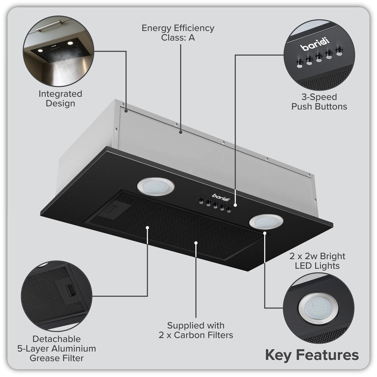Baridi Cooker Hood with 5 Layer Filter 52cm - Black DH285
