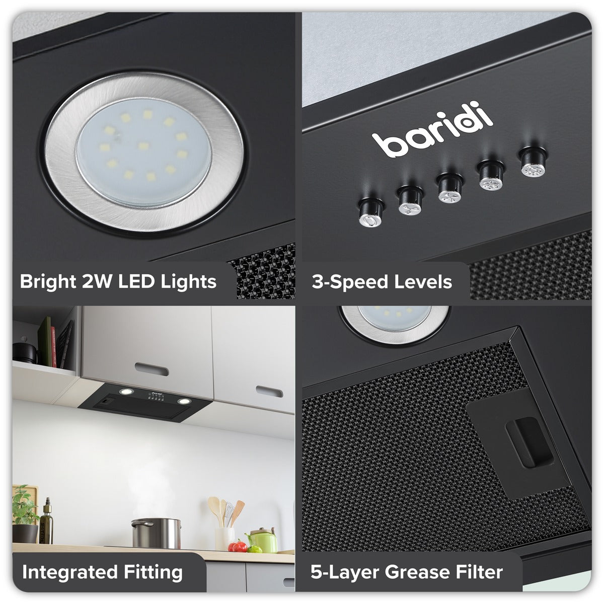 Baridi Cooker Hood with 5 Layer Filter 52cm - Black DH285