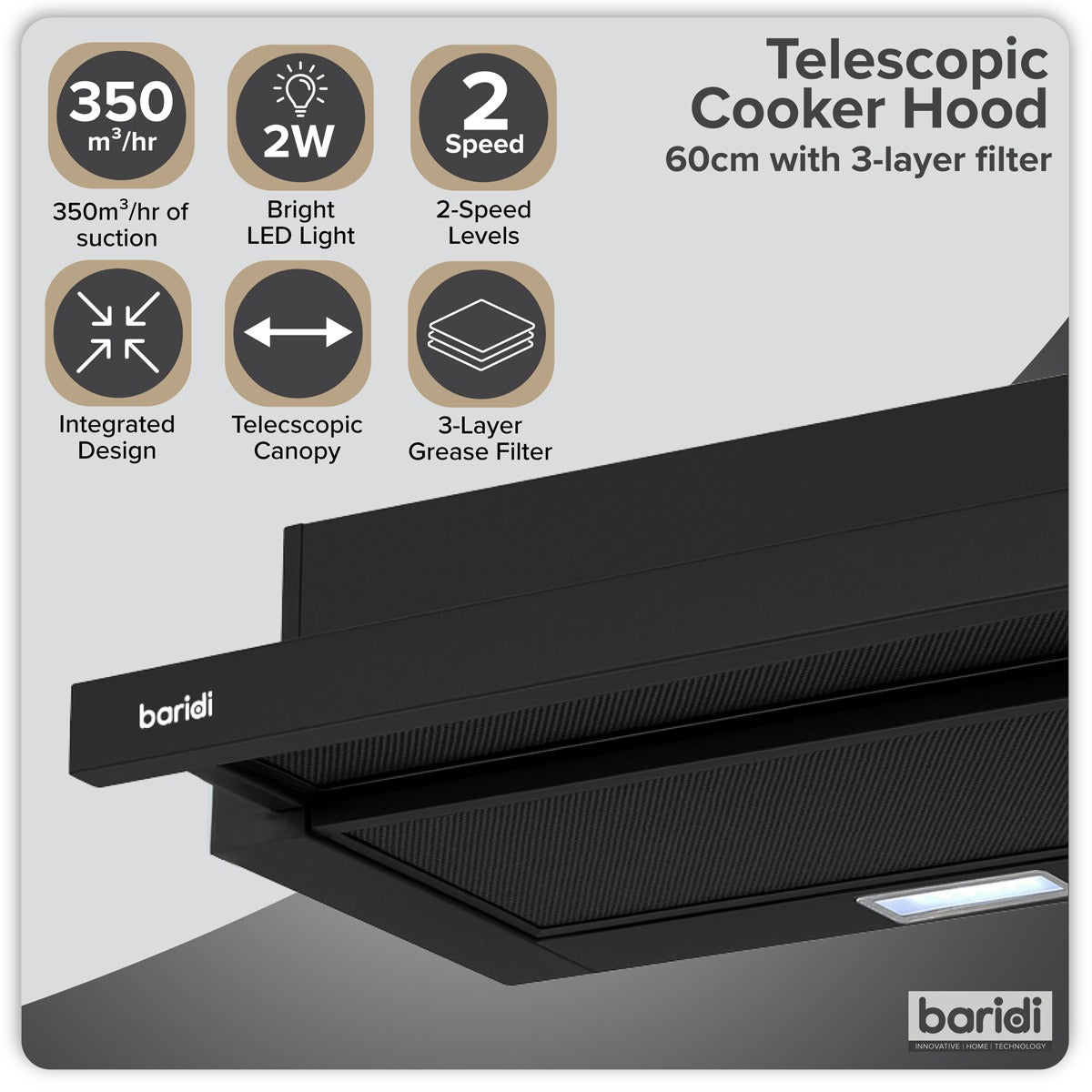 Baridi Telescopic Cooker Hood with Aluminium Filters 60cm - Black DH287