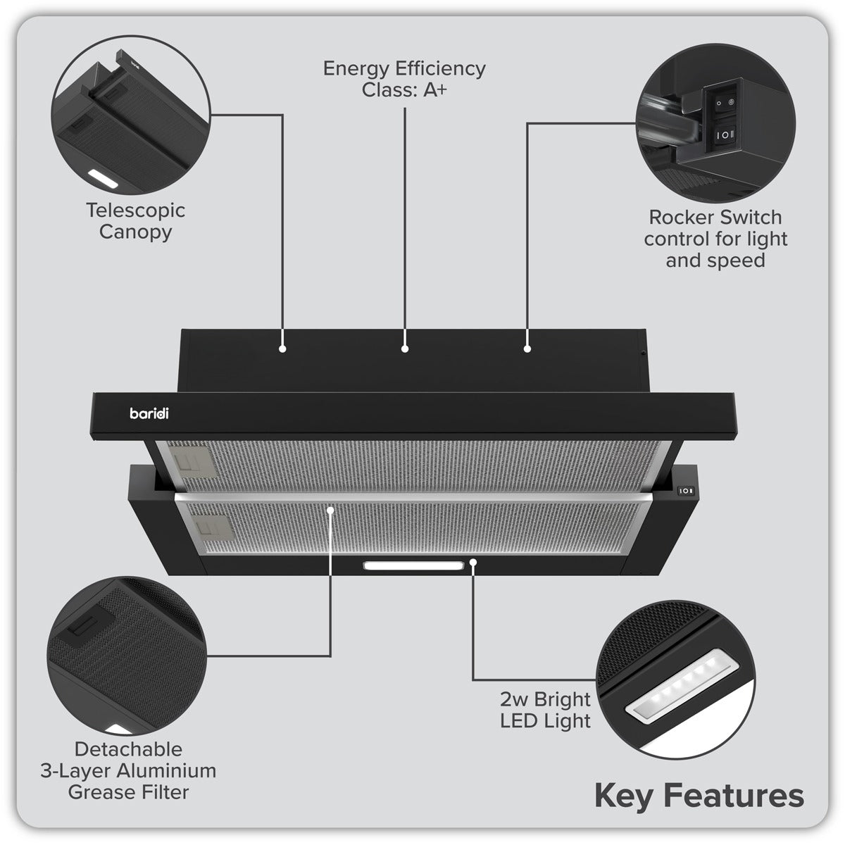 Baridi Telescopic Cooker Hood with Aluminium Filters 60cm - Black DH287