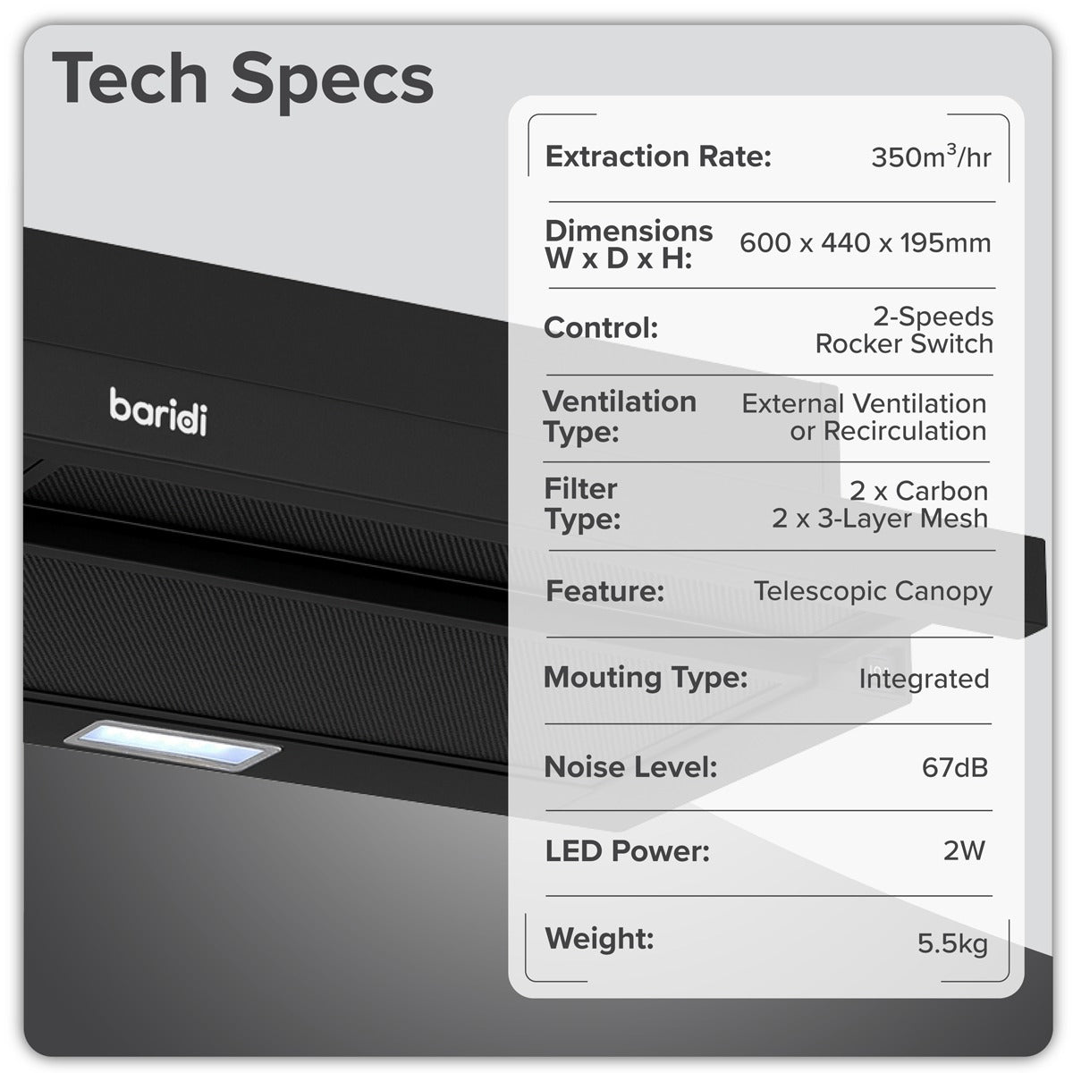 Baridi Telescopic Cooker Hood with Aluminium Filters 60cm - Black DH287