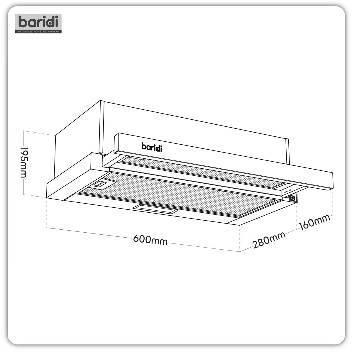 Baridi Telescopic Cooker Hood with Aluminium Filters 60cm - Black DH287
