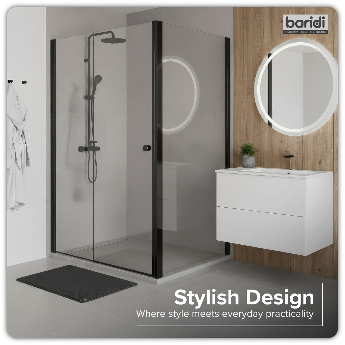 Baridi Side Panel for Sliding Shower Doors, 6mm Tempered Glass - Black DH297
