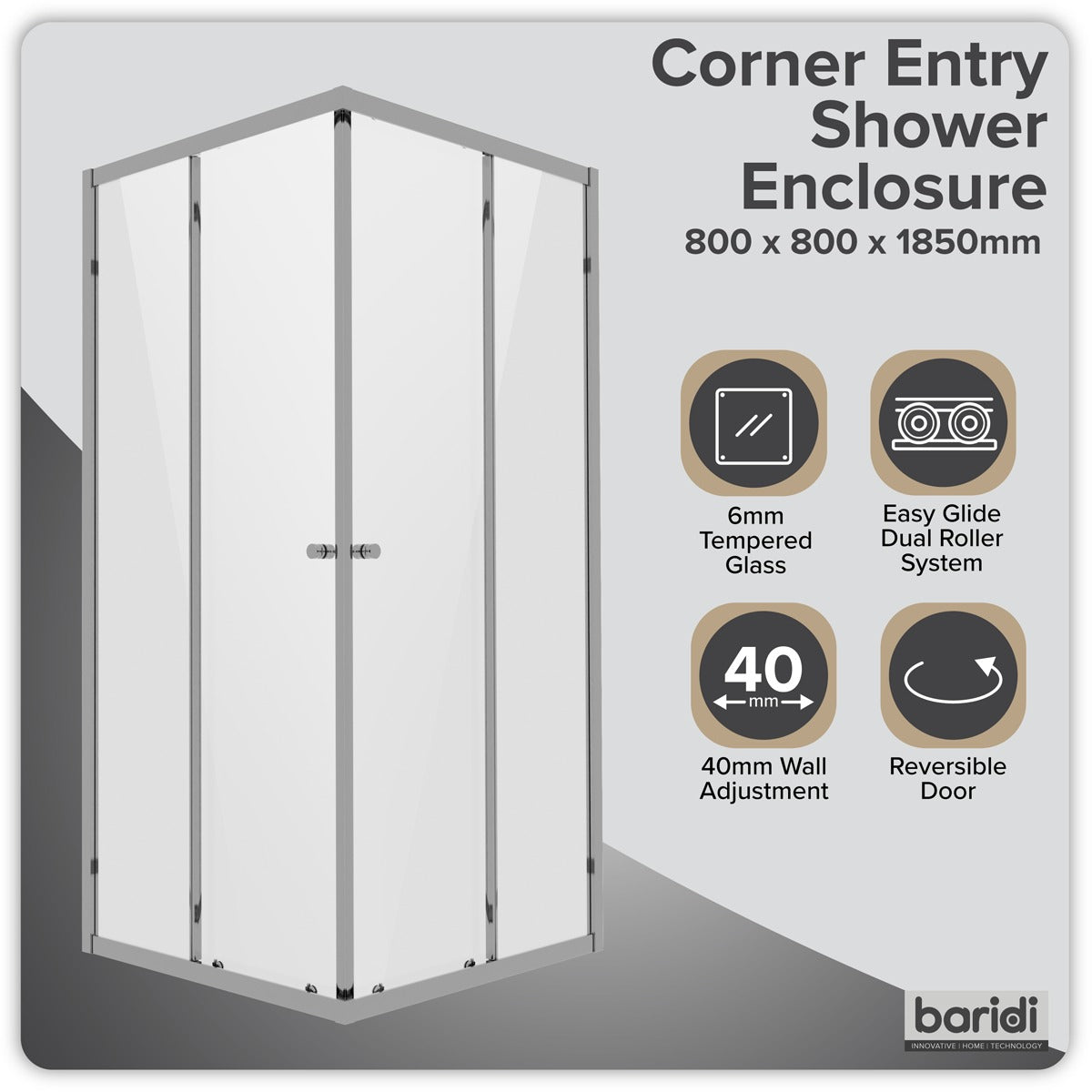 Baridi Corner Shower Entry Enclosure 800 x 800 x 1850mm with 6mm Tempered Glass - Chrome DH298