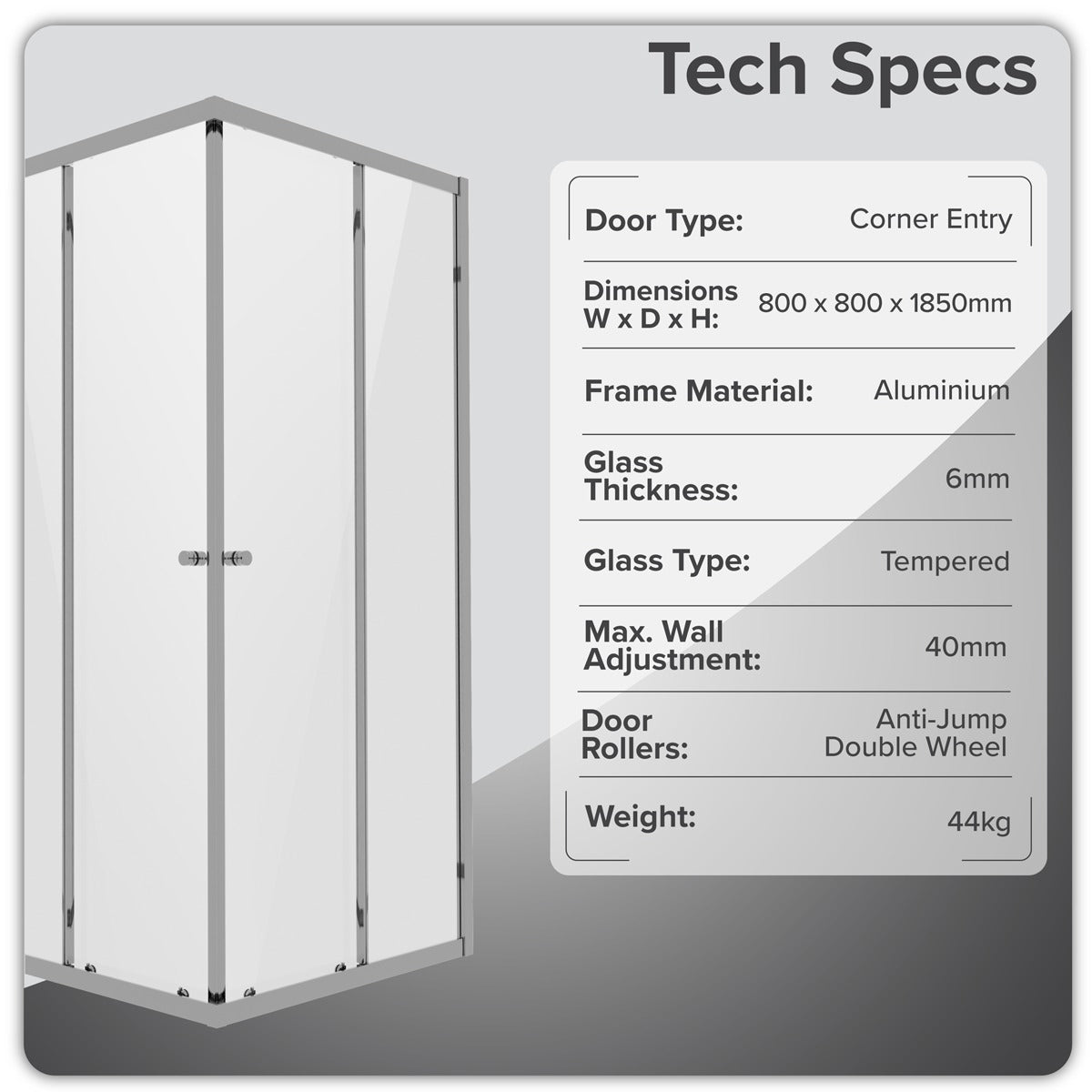 Baridi Corner Shower Entry Enclosure 800 x 800 x 1850mm with 6mm Tempered Glass - Chrome DH298