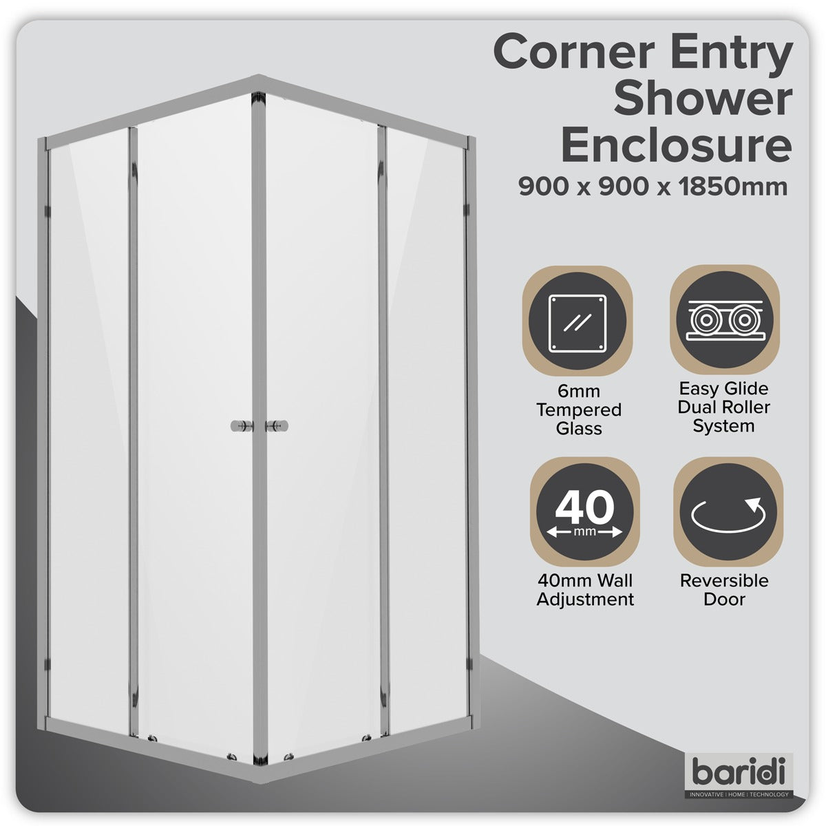 Baridi Corner Shower Entry Enclosure 900 x 900 x 1850mm with 6mm Tempered Glass - Chrome DH299
