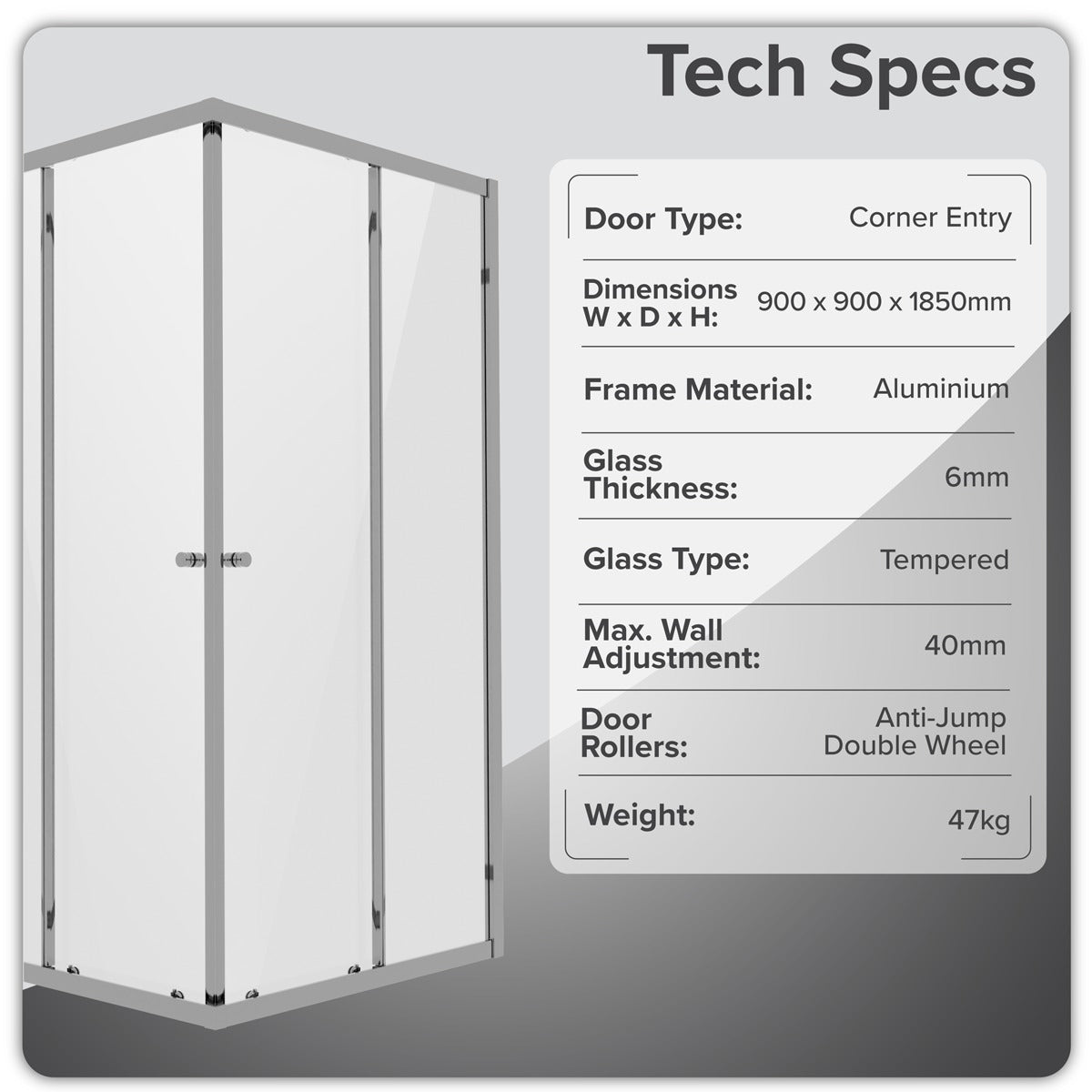 Baridi Corner Shower Entry Enclosure 900 x 900 x 1850mm with 6mm Tempered Glass - Chrome DH299