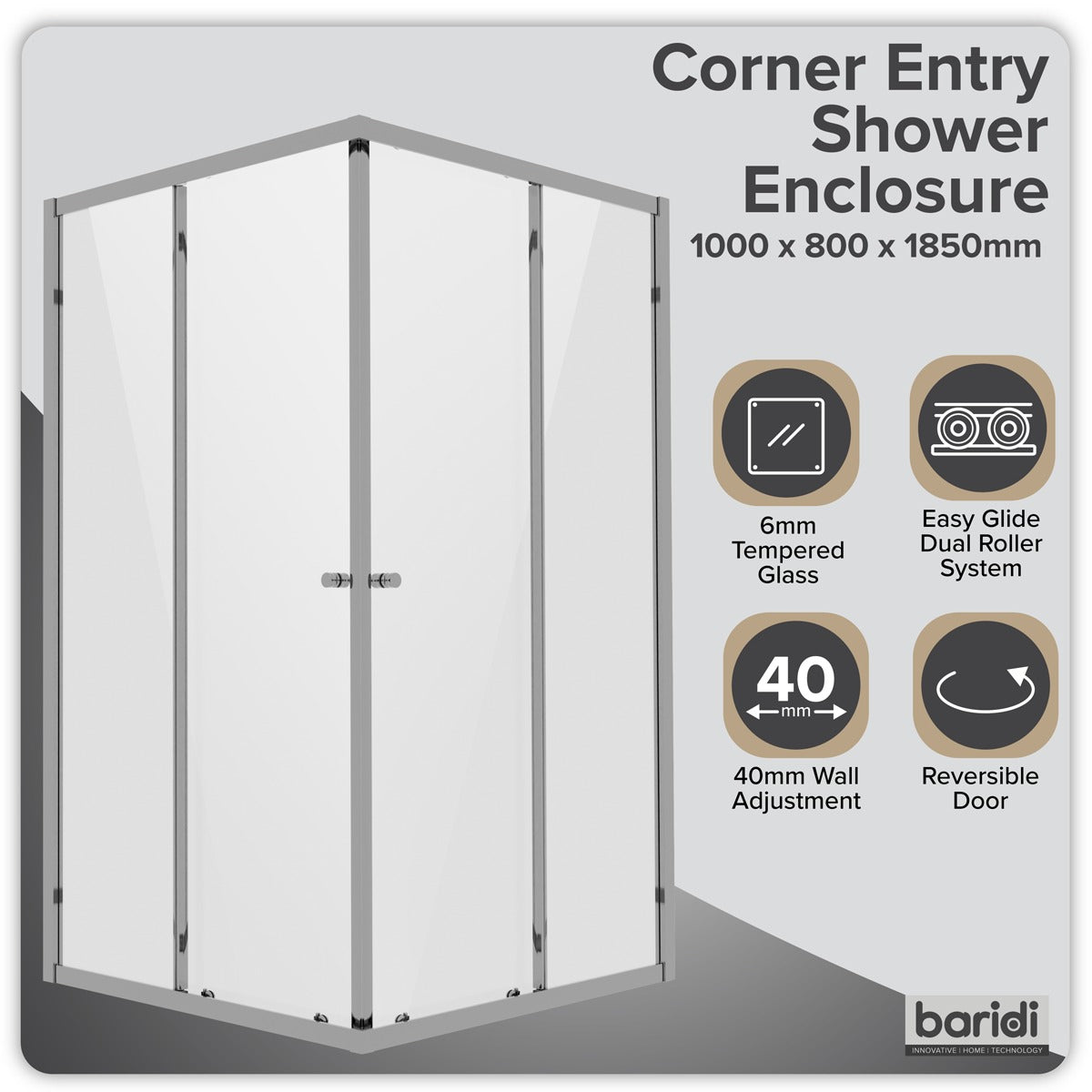 Baridi Corner Shower Entry Enclosure 1000 x 800 x 1850mm with 6mm Tempered Glass - Chrome DH300
