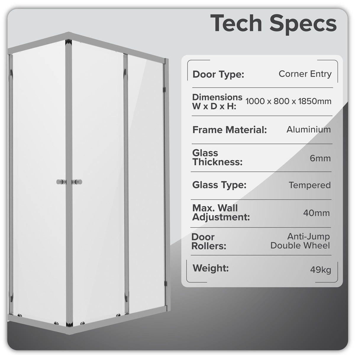 Baridi Corner Shower Entry Enclosure 1000 x 800 x 1850mm with 6mm Tempered Glass - Chrome DH300