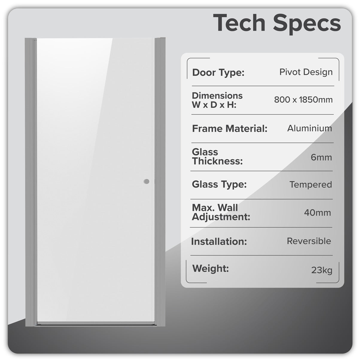Baridi Pivot Shower Door 800 x 1850mm, 6mm Tempered Glass, Reversible - Chrome DH303