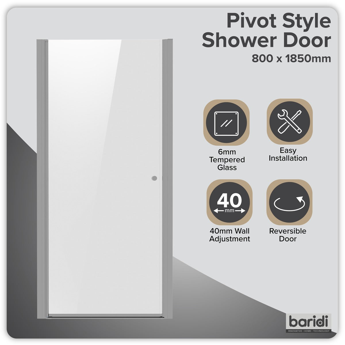 Baridi Pivot Shower Door 800 x 1850mm, 6mm Tempered Glass, Reversible - Chrome DH303
