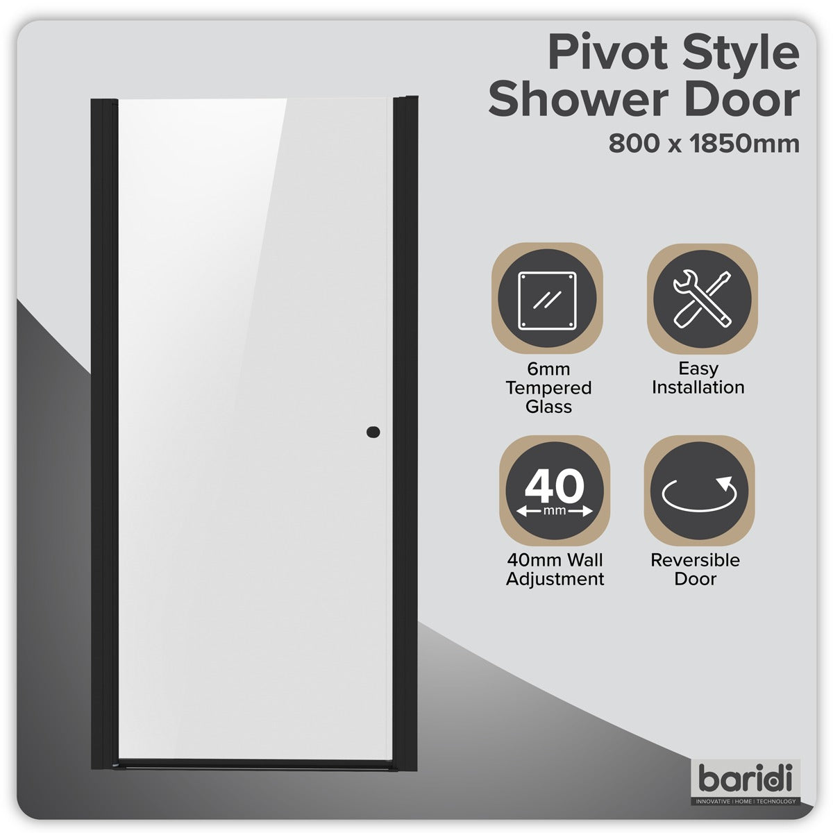Baridi Pivot Shower Door 800 x 1850mm, 6mm Tempered Glass, Reversible - Black DH304