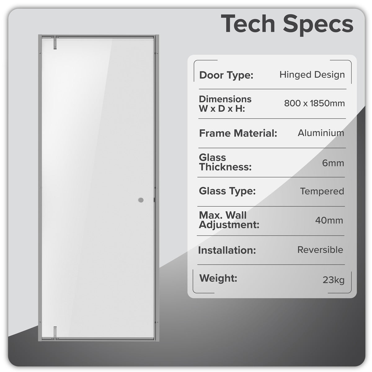 Baridi Hinged Shower Door 800 x 1850mm, 6mm Tempered Glass, Reversible - Chrome DH306