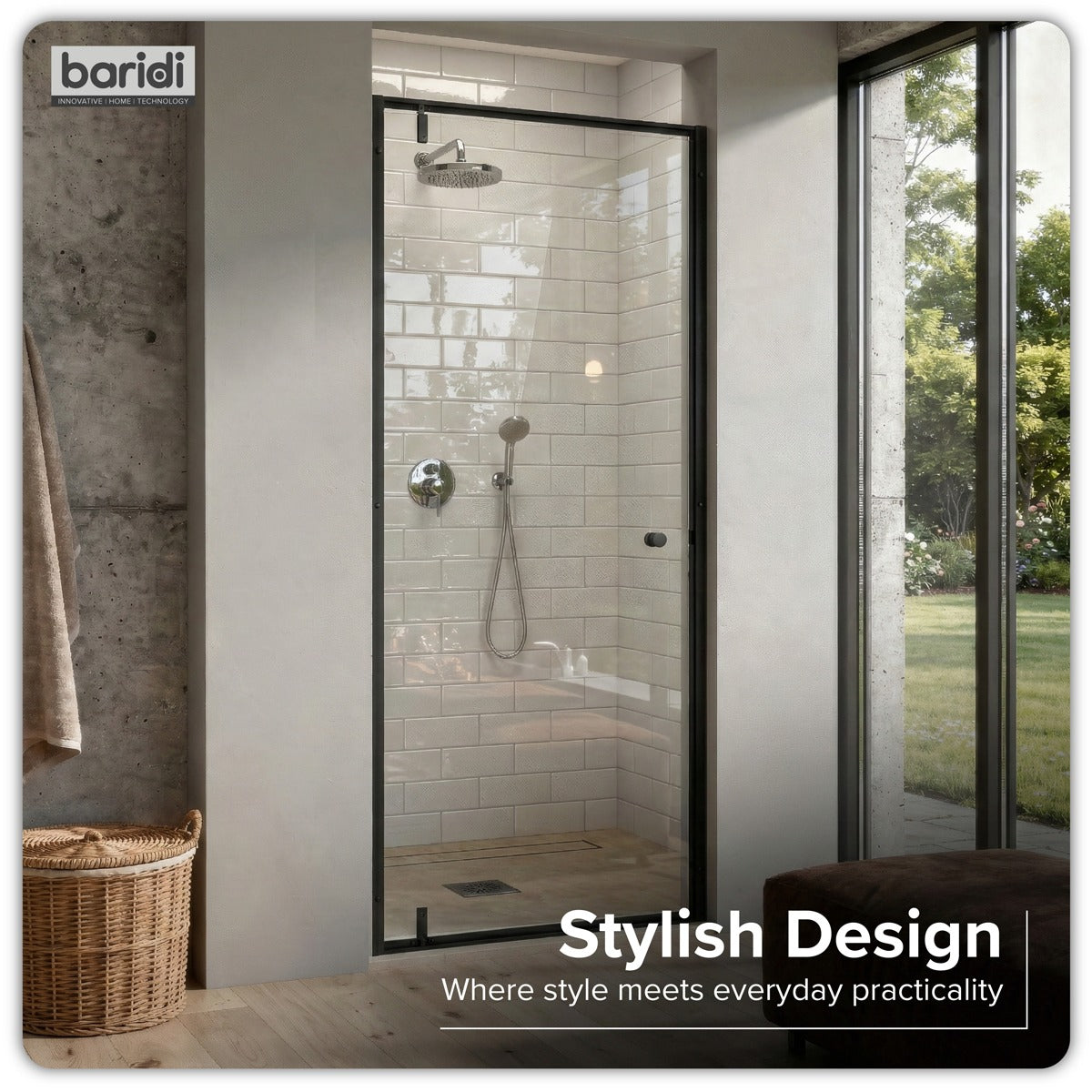 Baridi Hinged Shower Door 800 x 1850mm, 6mm Tempered Glass, Reversible - Black DH307