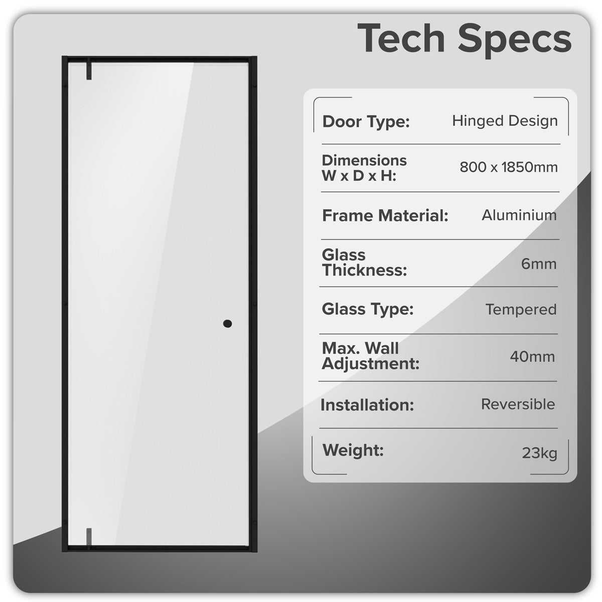 Baridi Hinged Shower Door 800 x 1850mm, 6mm Tempered Glass, Reversible - Black DH307