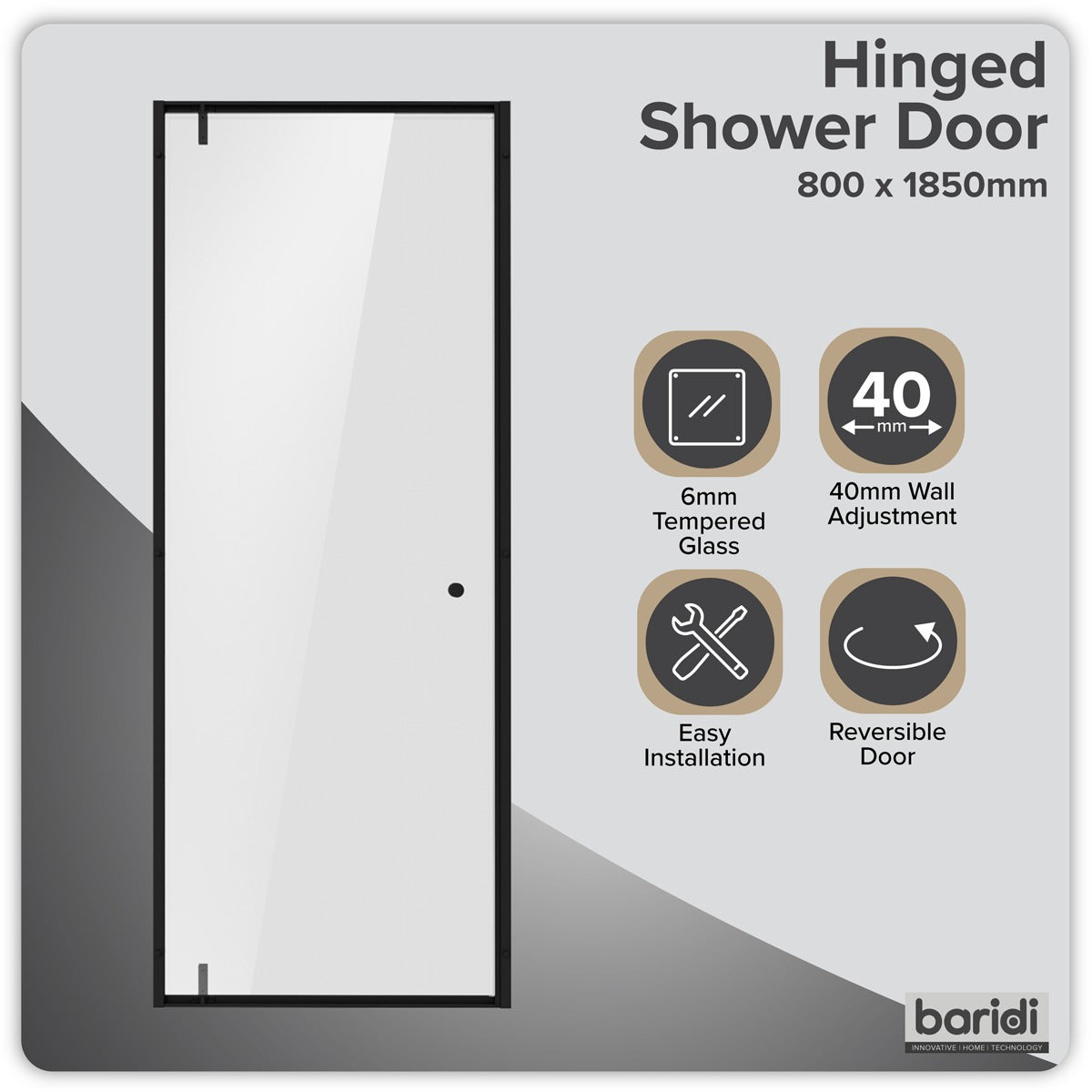 Baridi Hinged Shower Door 800 x 1850mm, 6mm Tempered Glass, Reversible - Black DH307